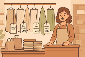 Store owner shows sustainable fabric options while promoting eco-friendly practices and discounts on materials