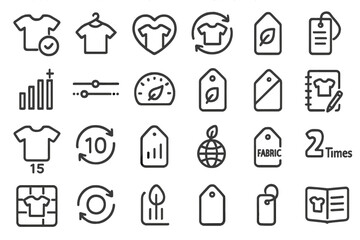 Icons show different aspects of sustainable clothing and fabric care for eco-friendly fashion choices