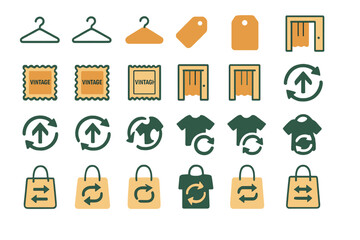 Different icons used for vintage clothing and recycling in an online shop layout