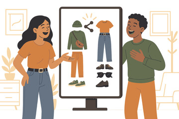 Two friends discuss outfit choices in a bright room while looking at a digital display of clothing options