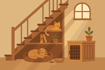 Two pets relax in a cozy indoor space near a staircase with plants and light from a window