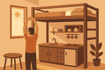 Person stretching in a small kitchen and loft bed setup during the day in a simple living space