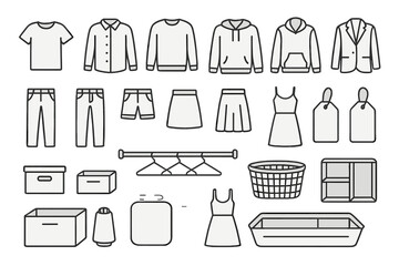 Different types of clothing and storage items arranged in a flat layout for display or organization in a home space