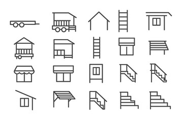 Various simple line drawings of houses, trailers, ladders, and stairs in a grid layout for design reference or inspiration in building projects