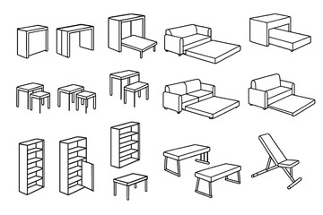 Different types of furniture designs shown in simple line art format for various home settings and functions