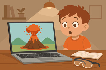 Boy watches a volcano eruption on a laptop while sitting at a desk with a notebook and safety goggles