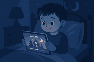Child using a tablet in bed at night, focused on a bedtime story or game while surrounded by a dark room with a night lamp and moonlight