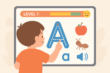 Child interacts with educational screen learning letters and objects in a bright learning environment