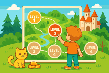 Child points at level two on a game map with a castle in the background and a cat nearby in a bright and sunny scene