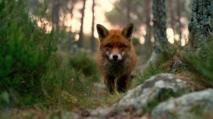 Obraz premium Fox walking through forest at sunset with trees and plants around
