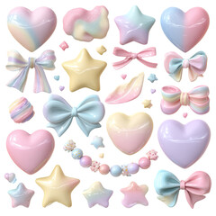 This collection showcases bubble-style decorations featuring tiny stars, bows, and hearts all on a transparent background. Perfect for digital design and crafts
