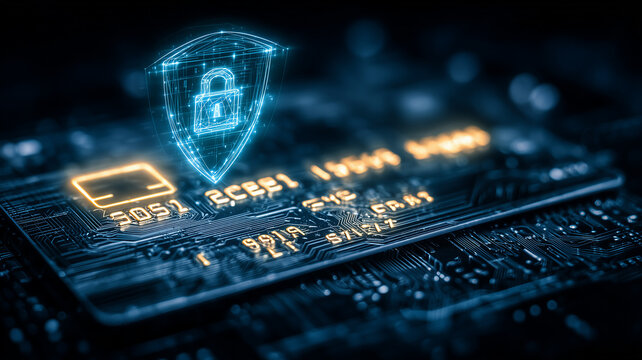 Payment card chip with secure shield lock icon, representing online payment protection, fraud prevention, and financial cybersecurity.
