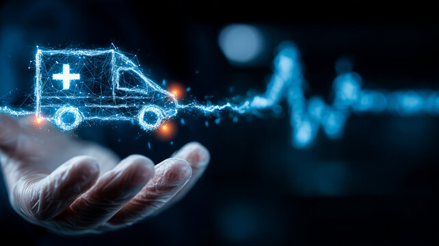 Holographic ambulance above an open hand with ECG waveform, representing telemedicine, emergency services, and connected healthcare.
