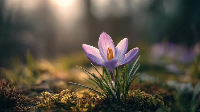 A crocus blooming at the edge of winter with fresh early sunlight, natural meadow textures softly blurred for cinematic floral focus