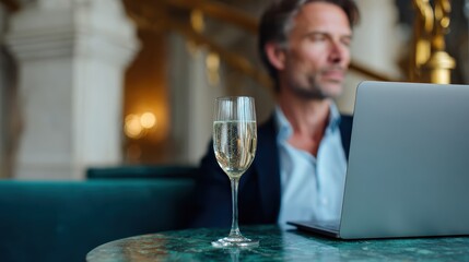 Obraz premium remote work lifestyle, a luxury hotel lounge hosts an artist with a sleek laptop and sparkling water captured in high-quality lifestyle