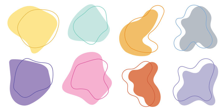 Collection of twelve simple colorful abstract organic blob shapes in various pastel and bright hues, vector illustration