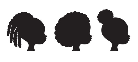 Little Black girl face silhouette vector illustration set featuring side view profiles. Includes three hairstyles: afro, braid ponytail, and afro bun.
