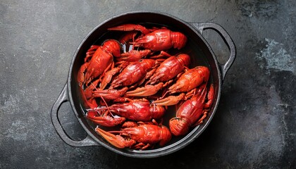 Boiled Crawfish In An Old Pan On A Stone Background