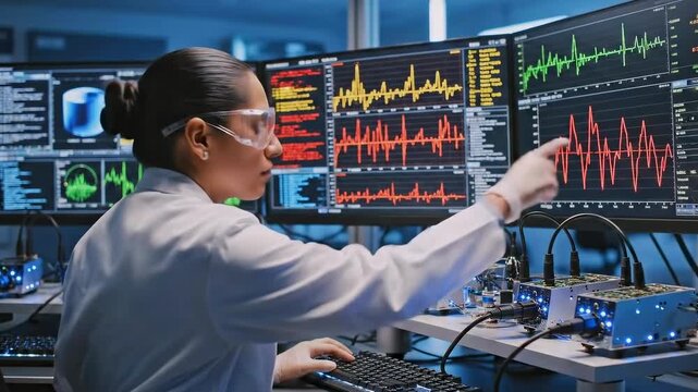 hardware engineer adjusts prototype board at multi monitor test bench - debugging firmware and analyzing telemetry graphs - lab environment with precision instruments and safety glasses