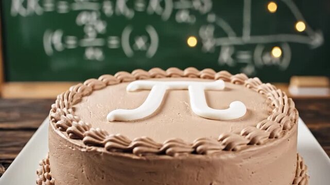 Chocolate pi day cake in front of chalkboard with math formulas