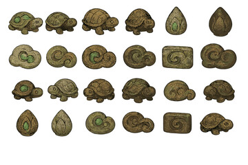 Various turtle and swirl stone designs displayed together in a grid, showcasing different shapes and decorations