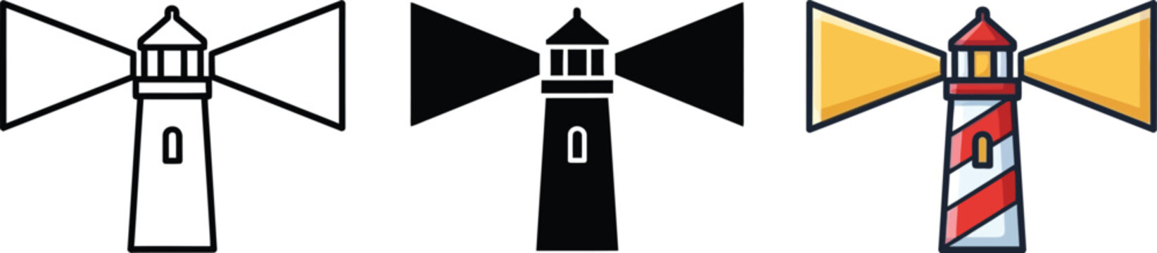 A set of lighthouse icons displaying various design styles including outline, solid, and colorful versions isolated on white background, Vector