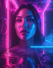 Neon Portrait - A Woman Bathed in Electric Hues.