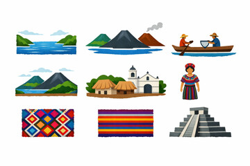Lake Atitlan cultural icon set in vector style