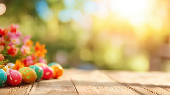 Colorful easter eggs and flowers on wooden table in bright sunlight