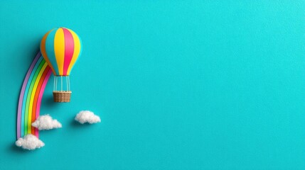 Colorful hot air balloon with rainbow and clouds on a blue background