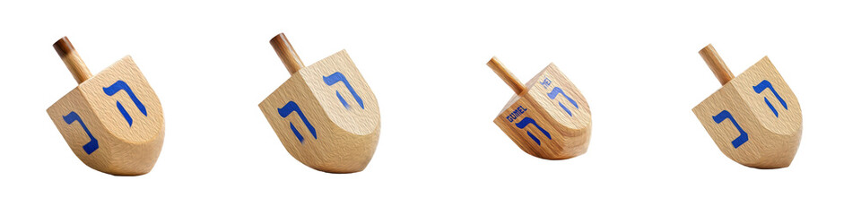 Set of traditional wooden Hanukkah dreidels with Hebrew letters isolated on transparent background, oil paint