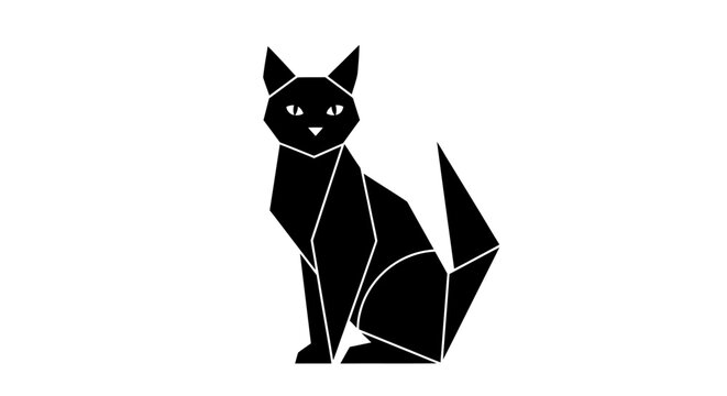 Geometric cat in sitting pose, abstract animal art, isolated white background.