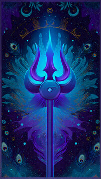 Mystical Trishul Symbol with Om and Peacock Feathers.