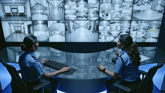 Two security operators monitor CCTV wall with multiple screens - headset communication - pointing at suspicious corridor - bluelit control desk - nightshift coordination and incident response