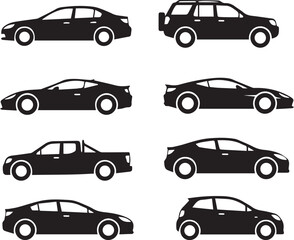 Fototapeta premium Collection of 8 black car silhouettes in various models and angles silhouette