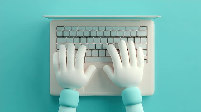 A pair of white hands typing on a white computer keyboard on a turquoise background