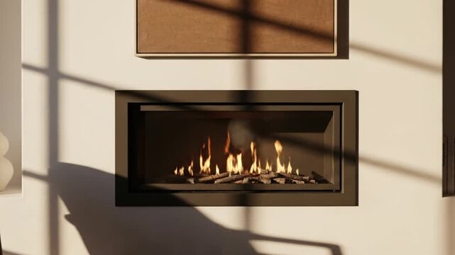Cozy Living Room with Modern Fireplace, Warm Flames and Sunlight Shadows