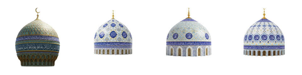 Set of traditional Islamic mosque domes with blue tiles and ornamental patterns isolated on transparent background, oil paint © Anees