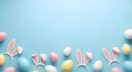 Fototapeta premium Easter eggs background with bunny ears on pastel blue