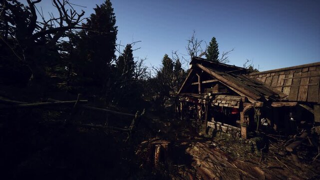 rooftop panorama above overgrown timber roofs and pine silhouettes, wide landscape feel, surveyor mapping historic settlement, calm afternoon light
