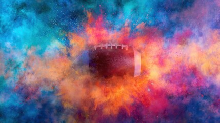 Naklejka premium Colorful explosion surrounding a football in a vivid art scene at night