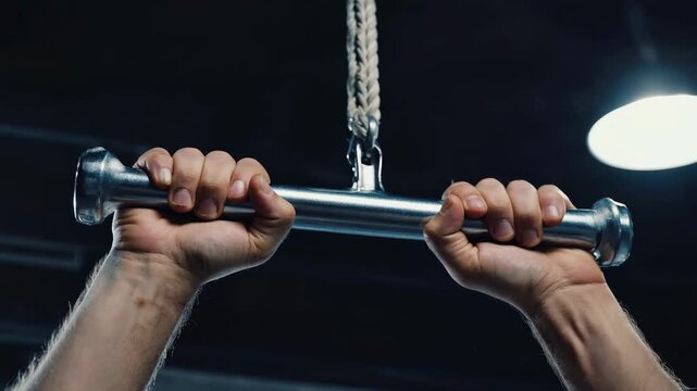 Athlete performing lat pulldown exercise in gym close up