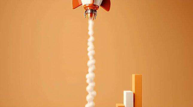 A rocket ship blasts off from behind a bar graph, symbolizing growth and success