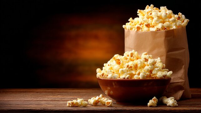 A rustic wooden table with a bowl and paper bag of freshly popped popcorn under warm lighting