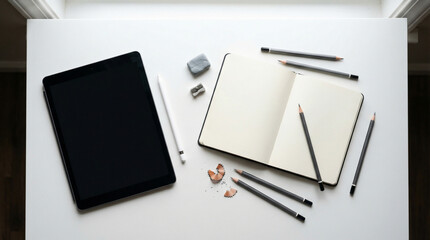Top view of digital tablet with blank black screen and open paper sketchbook with pencils. Artist creative workspace mockup. Generative AI.