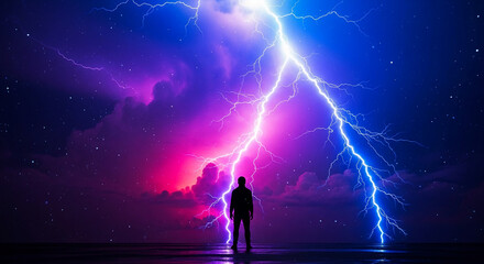 Fototapeta premium Silhouette of man standing before purple and blue lightning storm, reflecting power, mystery, and resilience against nature's force