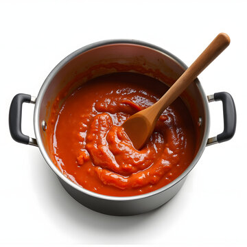 Tomato sauce cooking in a pot with a wooden spoon stirring  