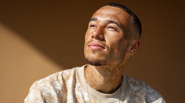 Portrait of a person with vitiligo basking in sunlight against a plain background