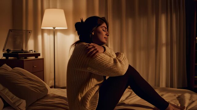 Woman Embracing Herself on Bed in Warm Light at Home