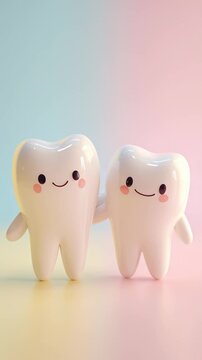 Dos dientes sonrientes se abrazan en un fondo pastel.